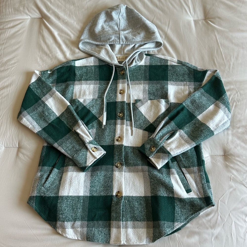 Altar'd State Green and White Plaid Hooded Shacket
